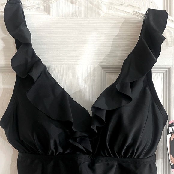 DKNY Ruffled V Neck Tankini Swimsuit Top‎ Womens Small Black Stretchy UPF NWT - Picture 3 of 11